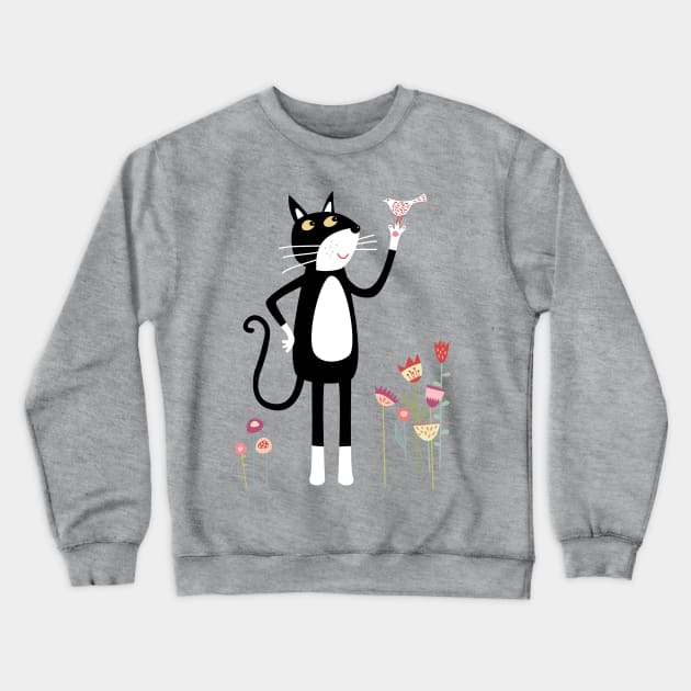 Mild Peril Cat and Bird Anthropomorphic Art Crewneck Sweatshirt by NicSquirrell